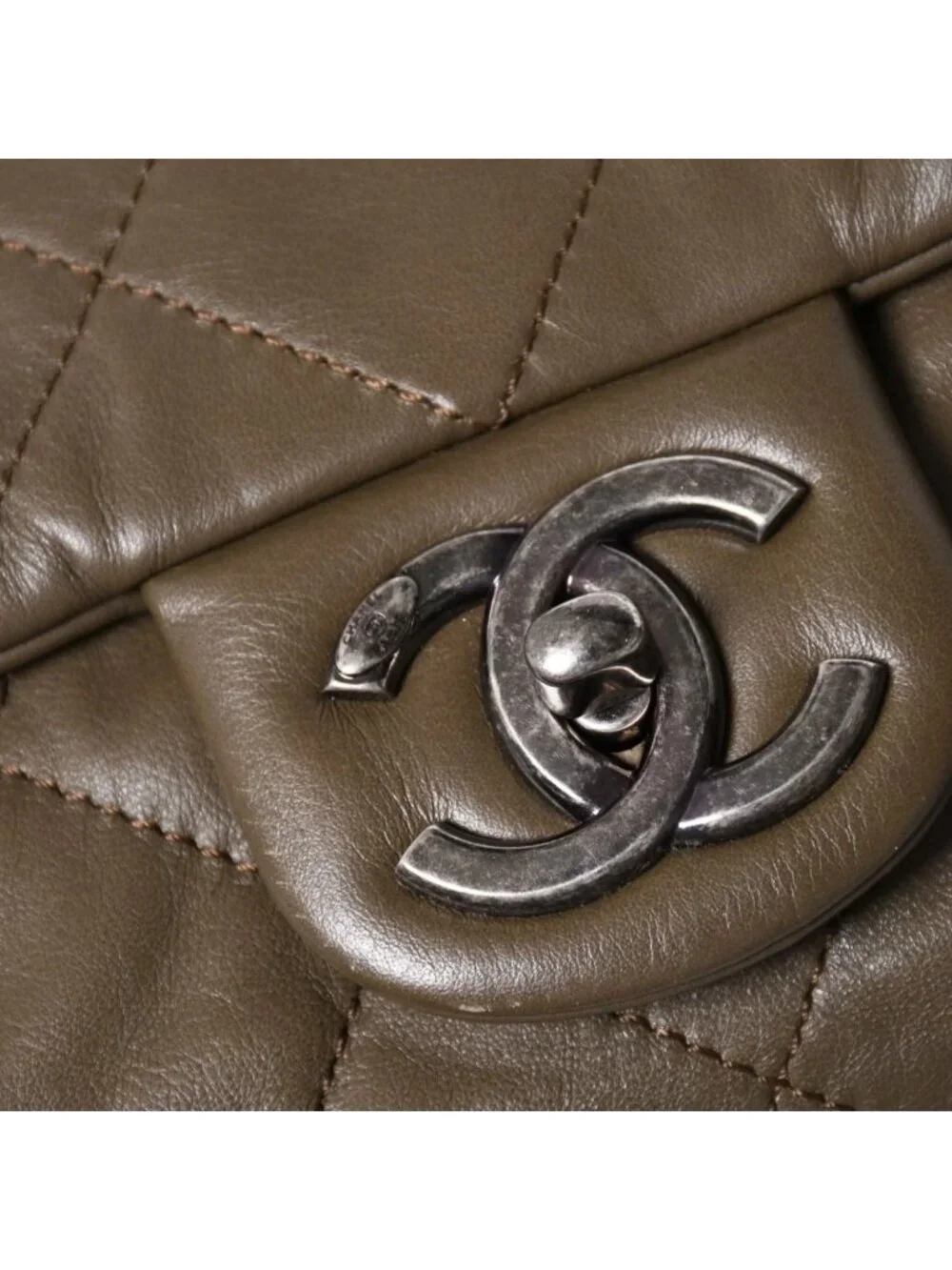 Chanel 2-Way Bag CC Logo Lambskin Quilted Olive Antique Silver